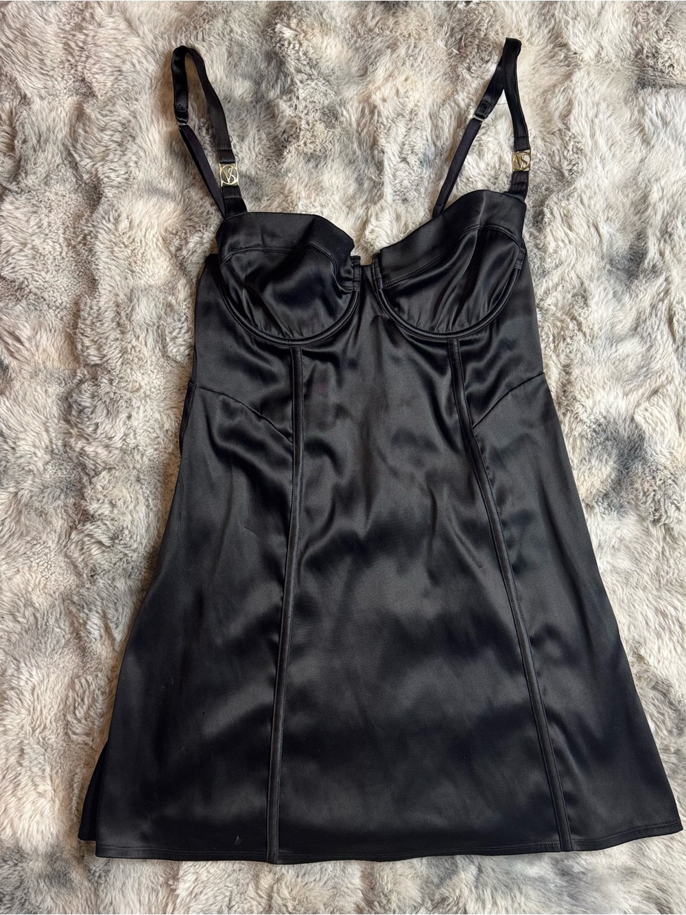 Victoria’s Secret Black Satin Bustier Slip Dress Gold VS Hardware Size Large